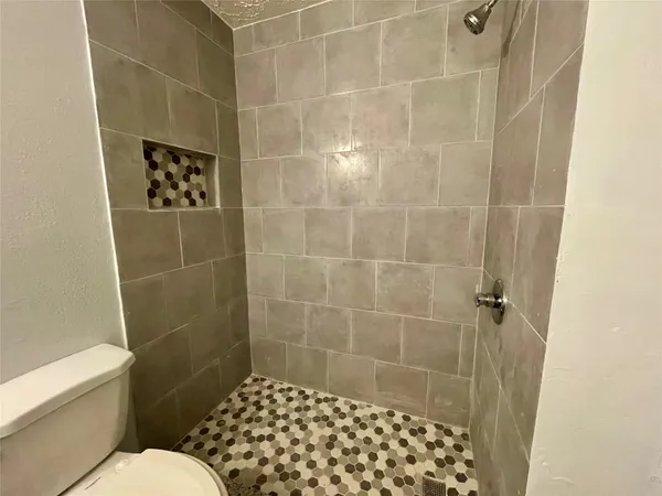 a bathroom with a shower and a toilet