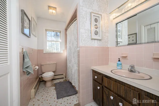 a bathroom with a sink toilet a mirror and vanity