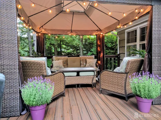 a view of a patio with couches chairs potted plants and a palm tree