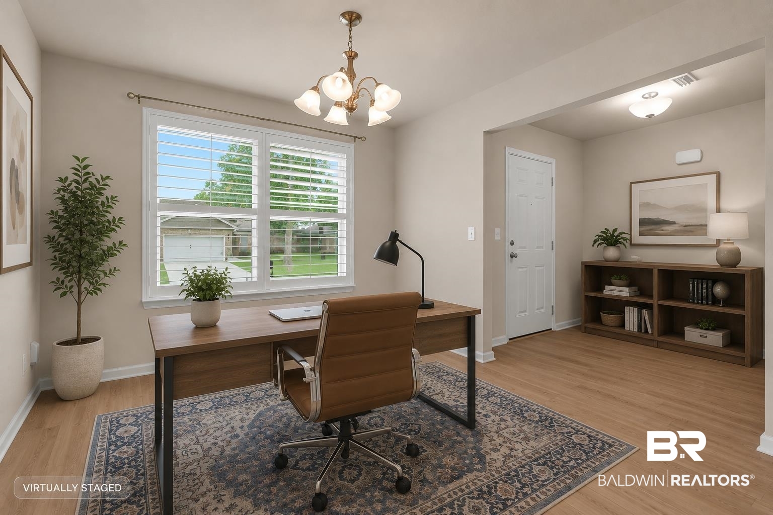 1704 Abbey Loop Foley, AL 36535 - Photo 8 of 38 Bright room featuring a large window with white louvered blinds, light wood-finish flooring, a decorative chandelier, and a built-in shelving unit