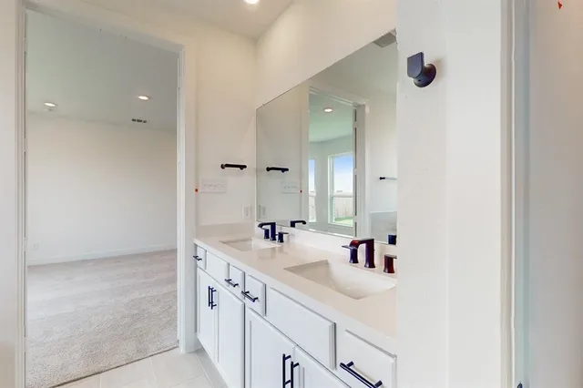 a bathroom with a double vanity sink a mirror and a shower