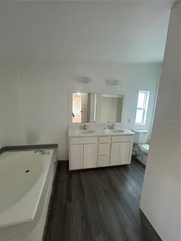 a bathroom with a bathtub sink and mirror