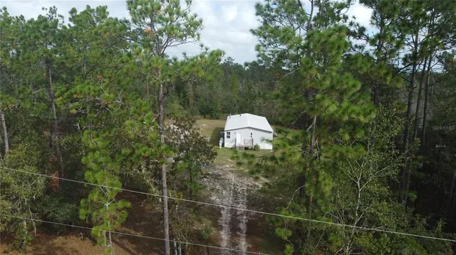 a bird view of a house and trees