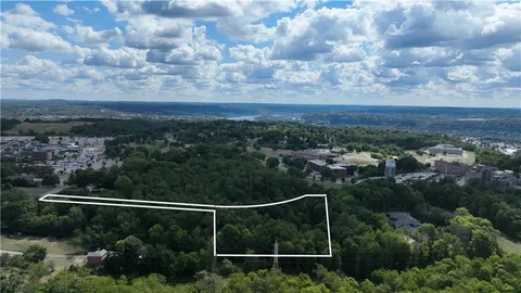 a view of a city with lush green forest