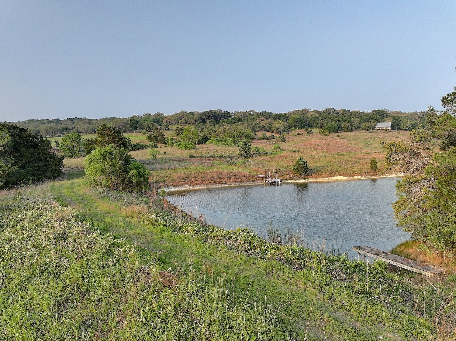 4540 Creamer Creek Road La Grange, TX 78945 - Photo 24 of 32 View of the pond and dam area showing rolling hillside. Property line explained upon request.