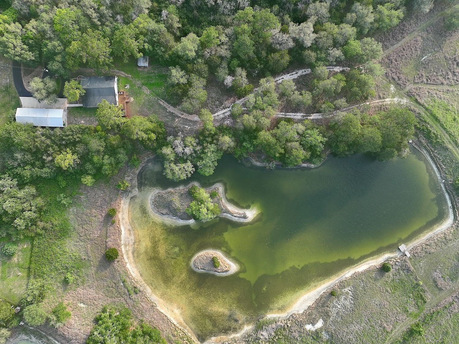 4540 Creamer Creek Road La Grange, TX 78945 - Photo 31 of 32 Closeup view of Pond one with two islands and electric to the larger island. Imagine the possibilities to explore.