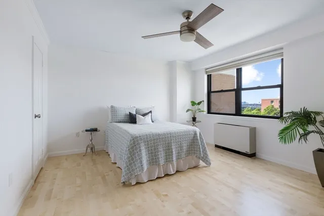 a spacious bedroom with a large bed and a potted plant