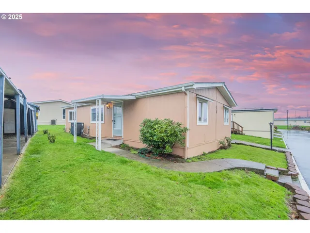 a backyard of a house with table and chairs plants and large tree
