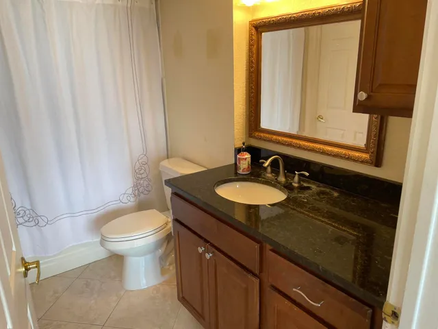 a bathroom with a sink toilet and mirror