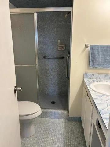 a bathroom with a granite countertop shower and a toilet