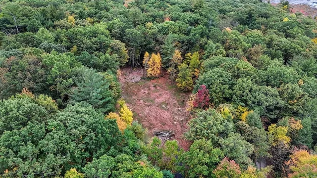 an aerial view of residential house with outdoor space and trees all around