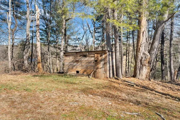 a backyard of a house with a large tree and wooden fence