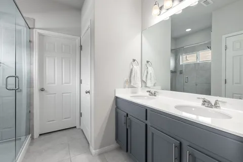a bathroom with a double vanity sink mirror and shower
