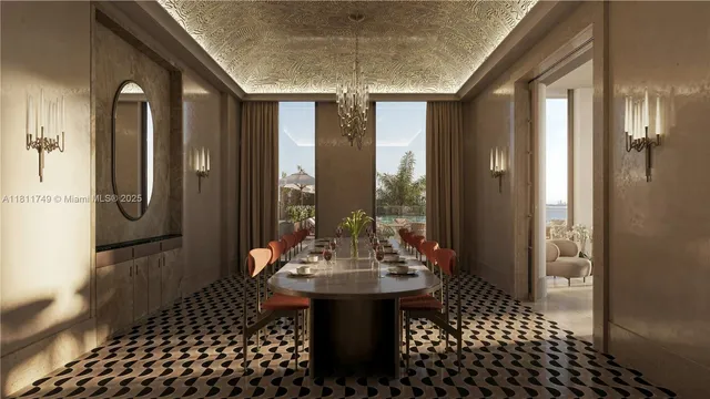 a view of a very nice looking dining room with a large window
