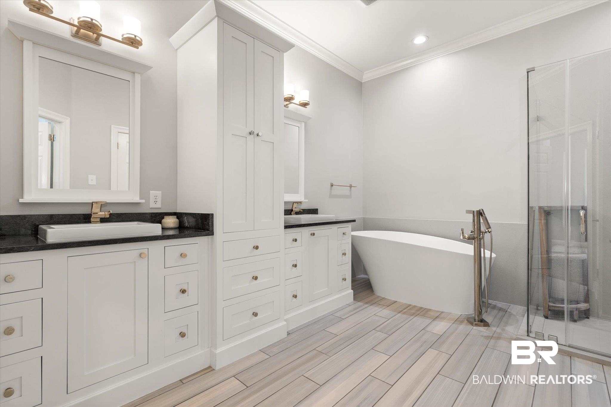 107 Fielding Place Mobile, AL 36608 - Photo 10 of 27 Bathroom with ornamental molding, a stall shower, vanity, a freestanding tub, and recessed lighting