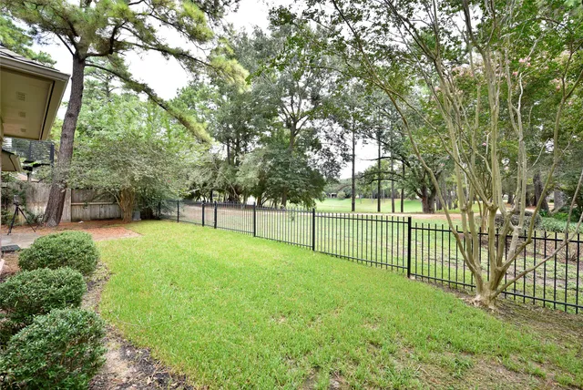 a view of a yard with large trees