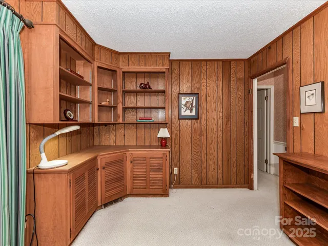 a view of cabinets and window