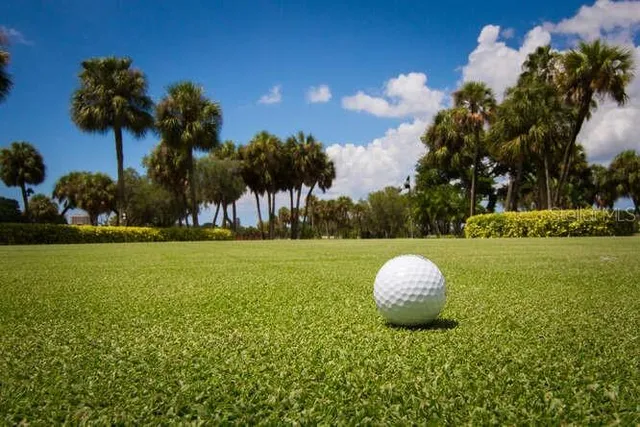 a view of a golf course with a lake