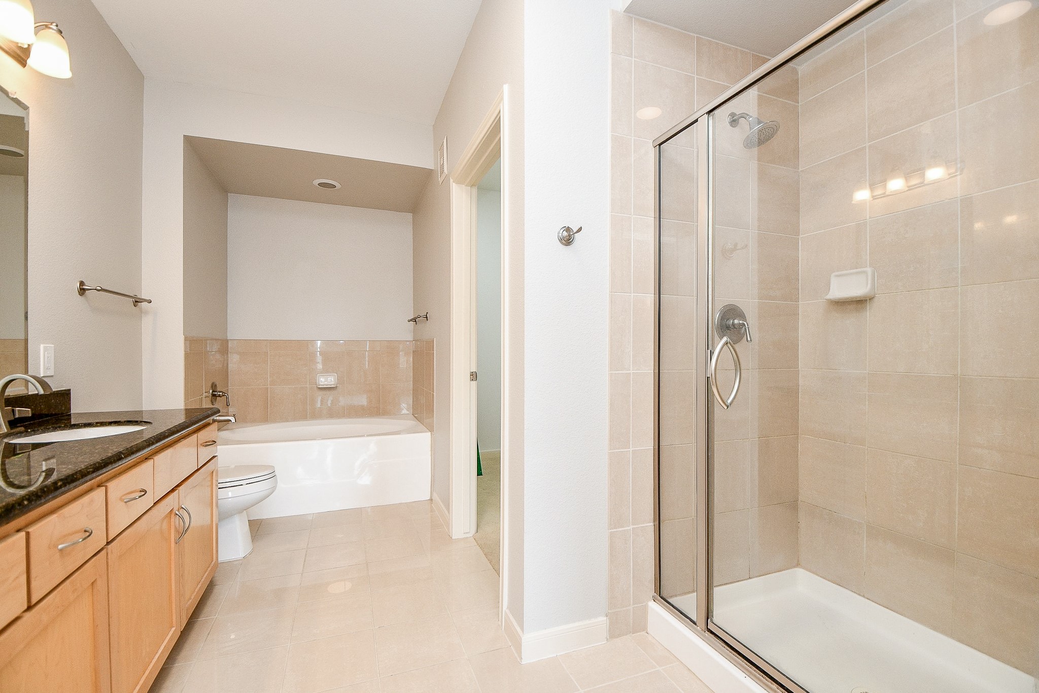 505 Jackson Hill Street, Unit 307 Houston, TX 77007 - Photo 11 of 30 a bathroom with a granite countertop sink a mirror a bathtub and a shower