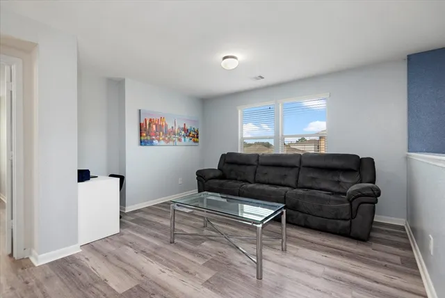 a living room with furniture and a rug
