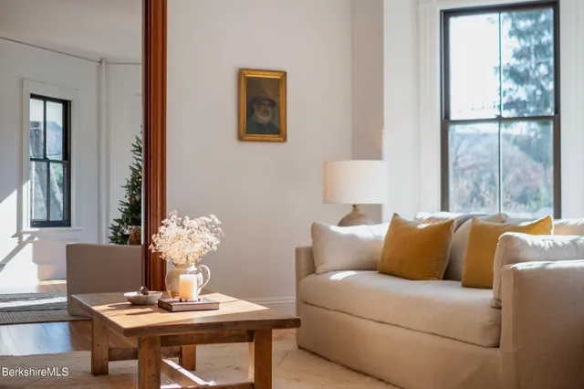 a living room with furniture a potted plant and a chandelier