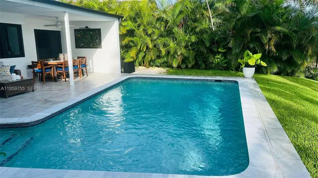 swimming pool view with a garden space
