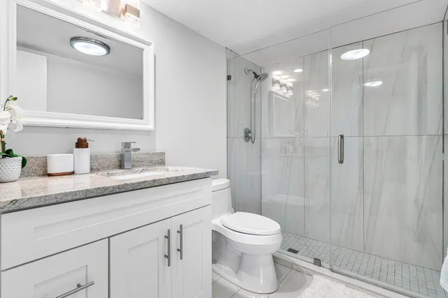 a bathroom with a granite countertop sink a toilet and shower