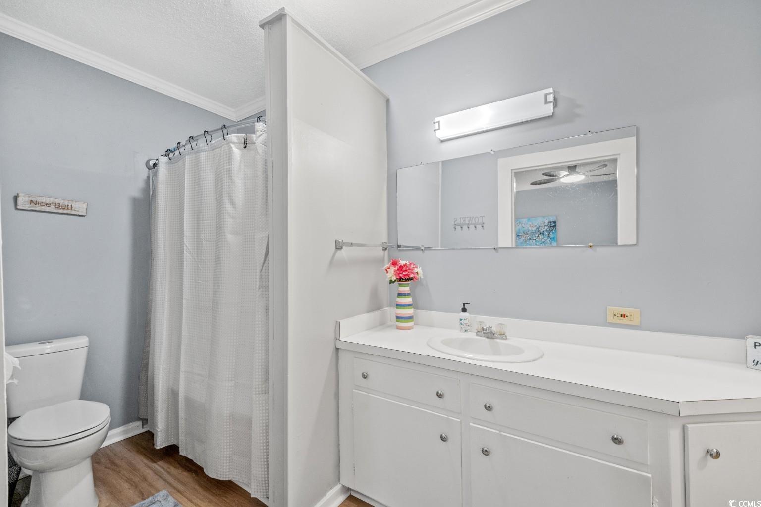 222 East Wine Street Mullins, SC 29574 - Photo 22 of 40 Full bathroom featuring a stall shower, vanity, ornamental molding, and light wood finished floors