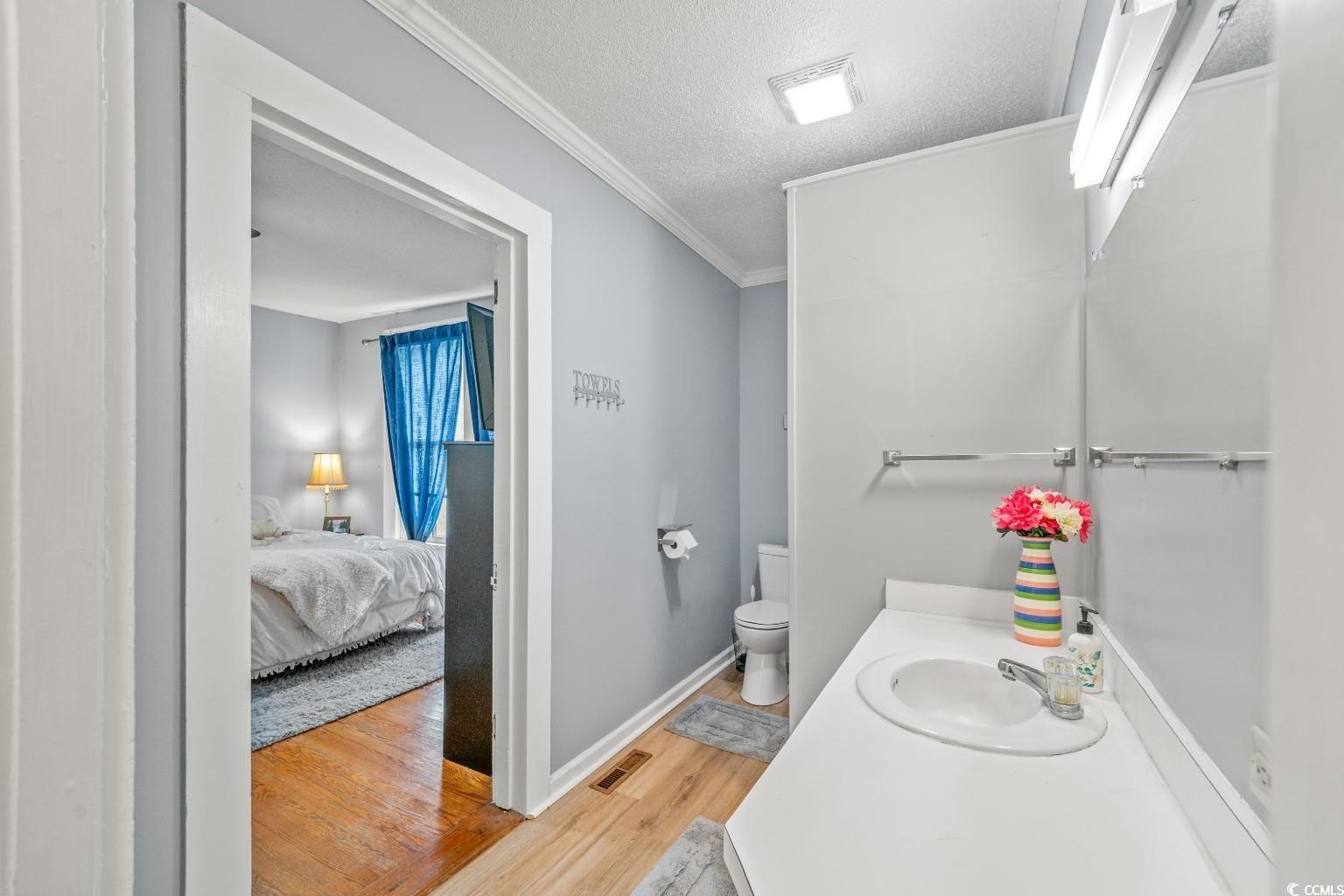 222 East Wine Street Mullins, SC 29574 - Photo 23 of 40 Ensuite bathroom with vanity, ornamental molding, light wood-style flooring, and a textured ceiling