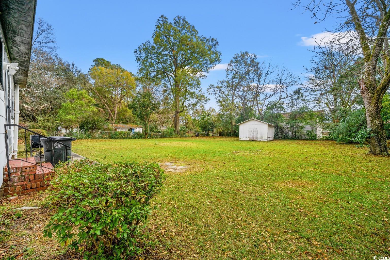222 East Wine Street Mullins, SC 29574 - Photo 34 of 40 View of green lawn with a storage unit and view of scattered trees