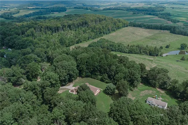 an aerial view of residential houses with outdoor space and trees