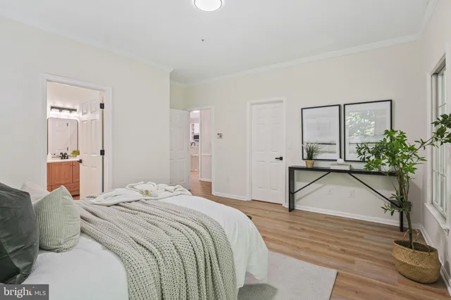 a bedroom with a bed and a potted plant