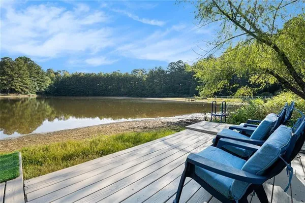 a view of a backyard with table and chairs potted plants and large tree