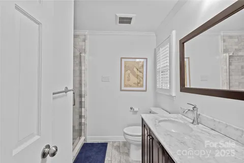 a bathroom with a granite countertop sink toilet and shower