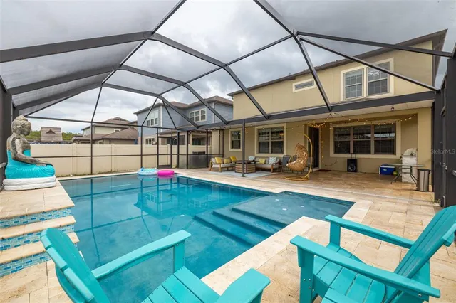 a view of a backyard with swimming pool