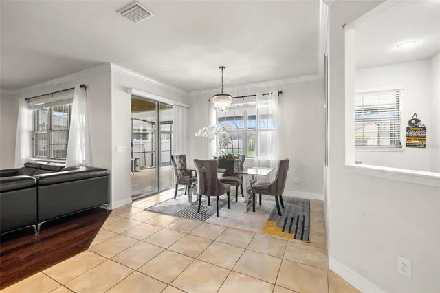 a view of a dining room with furniture window and outside view
