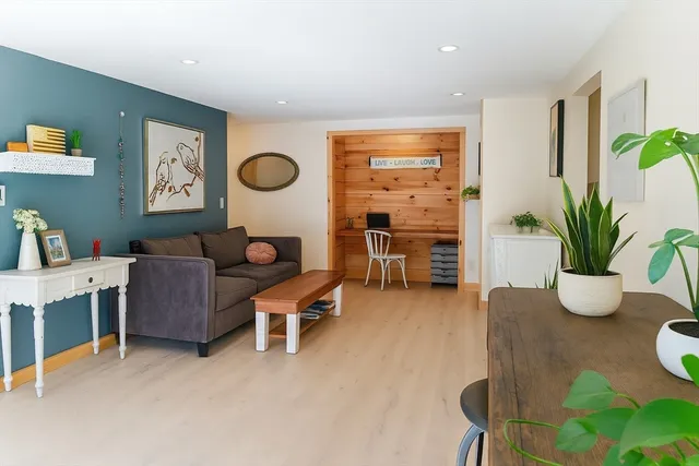 a living room with furniture and a potted plant