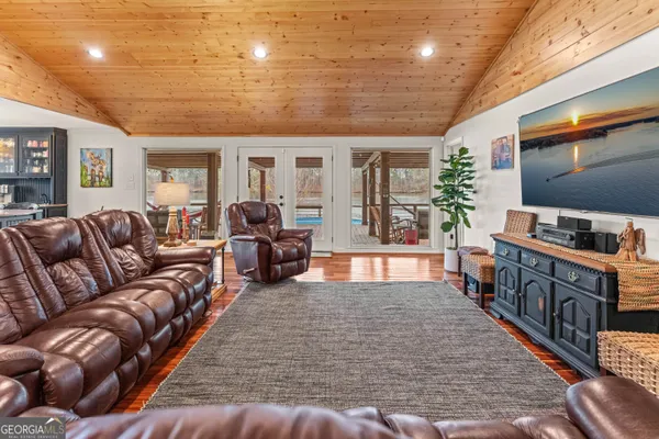 a view of a lake with a mountain in the background