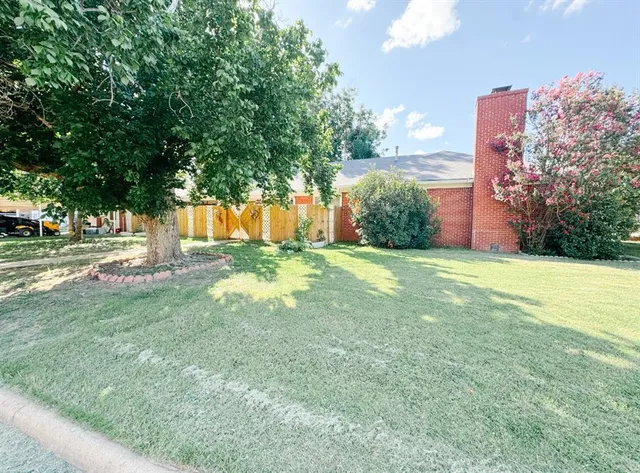 a view of a park with large trees