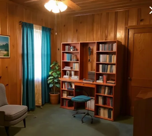 a view of a workspace with furniture and cabinet