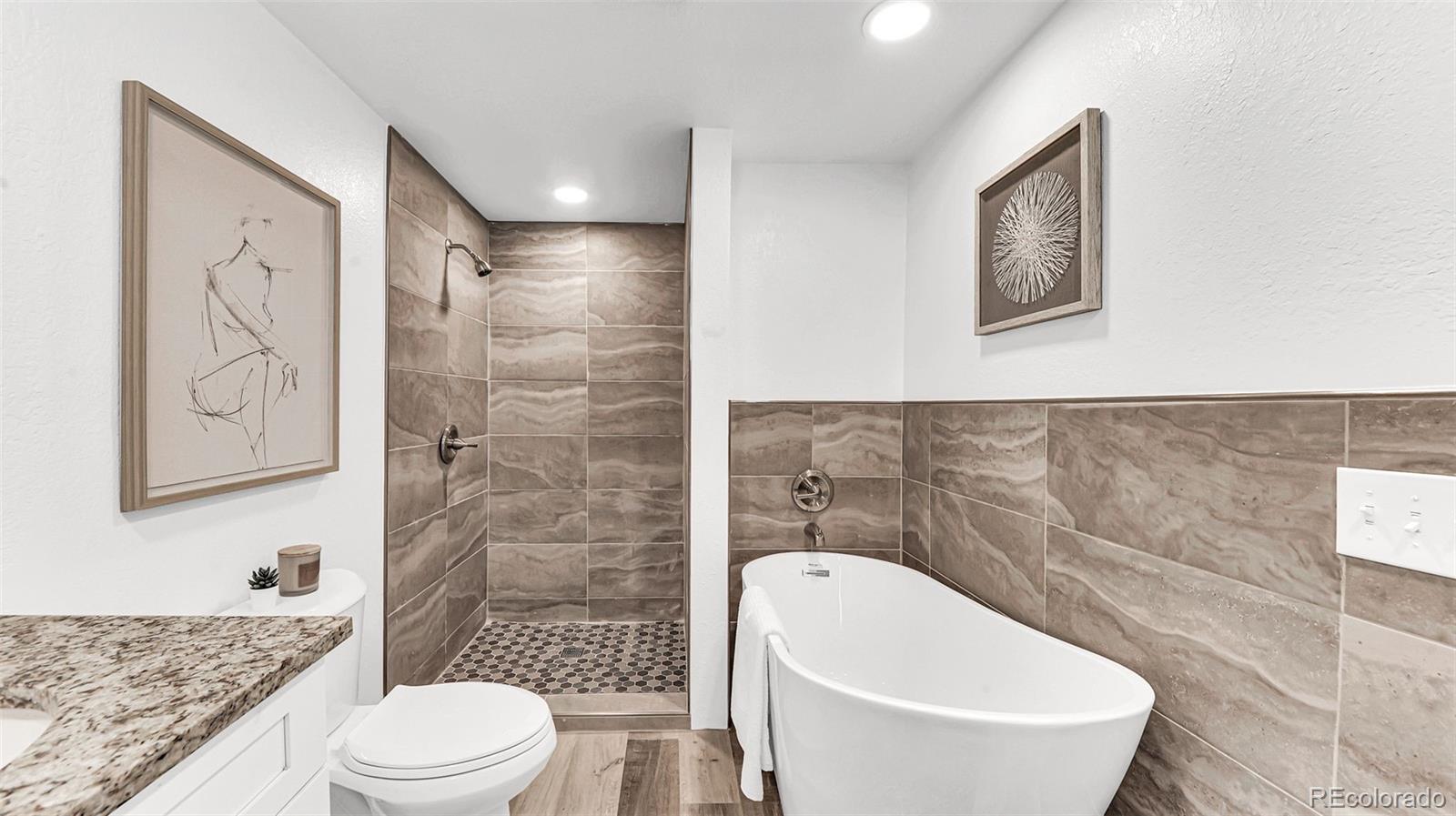 660 Meade Street Denver, CO 80204 - Photo 20 of 25 a bathroom with a granite countertop bathtub sink mirror vanity and toilet