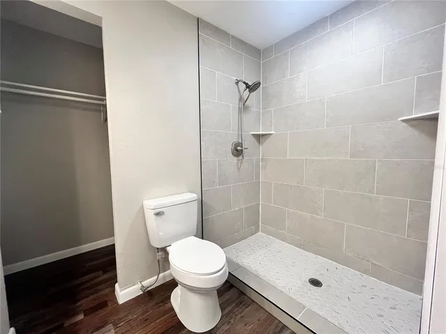 a bathroom with a shower and a toilet