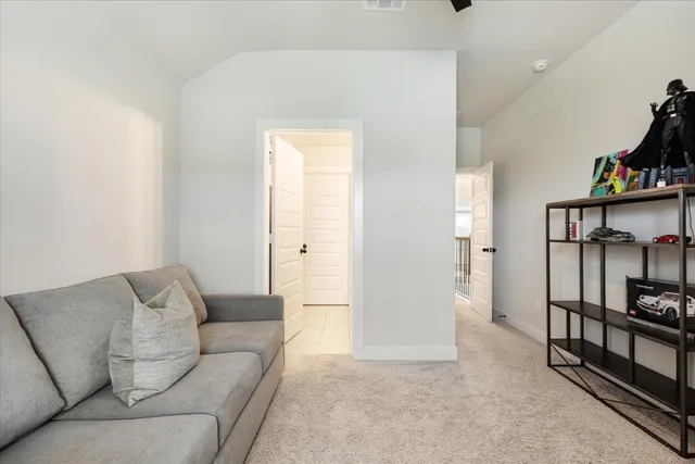 a living room with furniture a ceiling fan and a rug