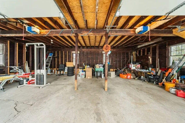 a view of a garage with storage