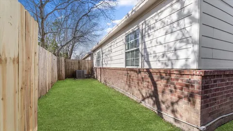a view of a backyard with plants and large trees