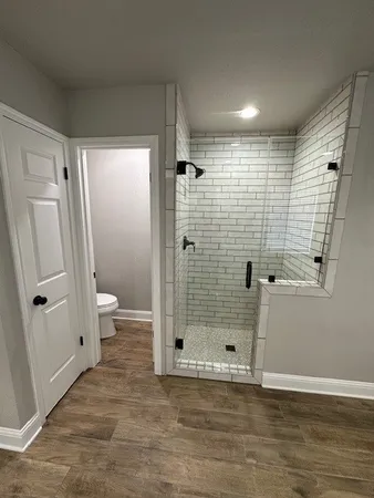 a bathroom with a shower and toilet