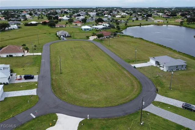 an aerial view of a pool