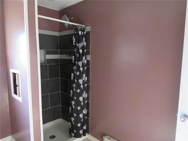 a bathroom with a shower and a sink