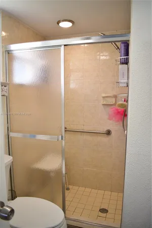 a bathroom with a shower and a toilet
