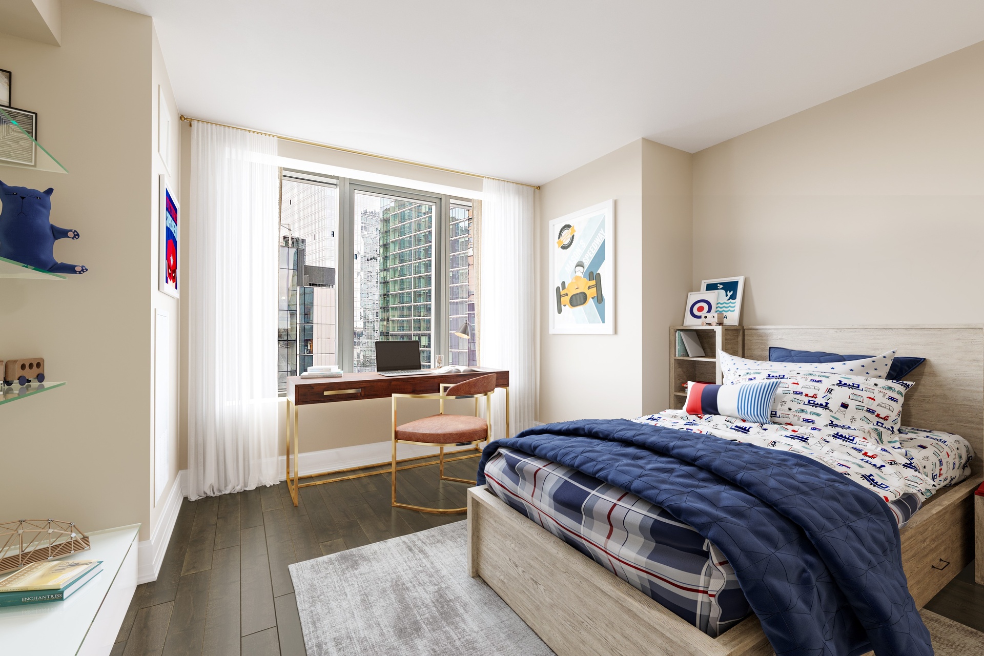 50 Riverside Boulevard, Unit 11H Manhattan, NY 10069 - Photo 9 of 37 a bedroom with a bed and wooden floor